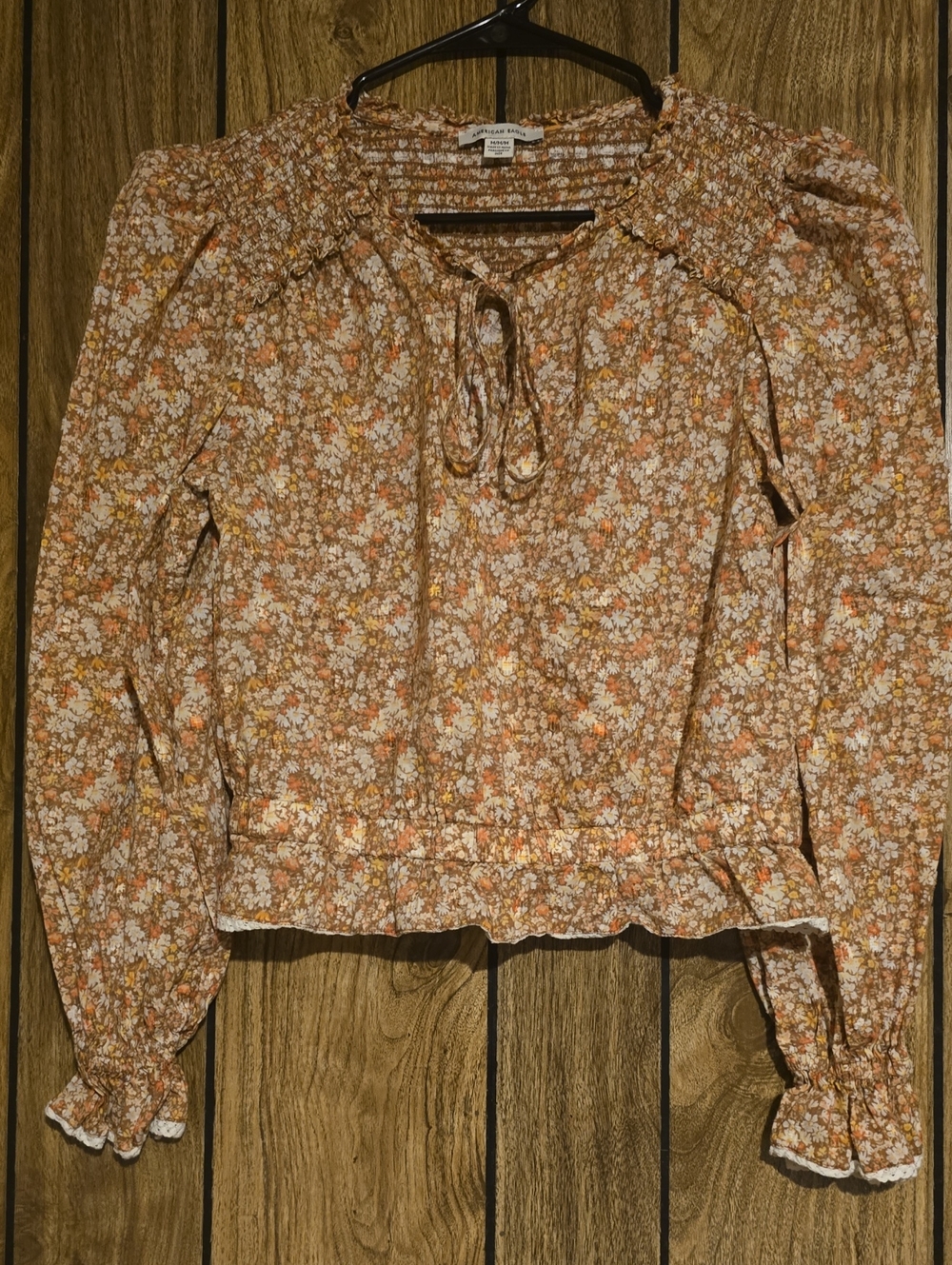 American Eagle Outfitters Rust Multicolor Floral Smocked Peasant Top